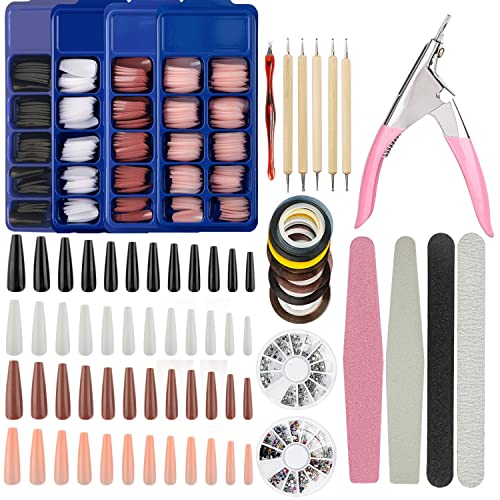 Vansza Beauty Coffin Nails Long Ballerinas Nails 480pcs colored Long Press on Nails Long Ballerinas Coffin Full Cover Fake Nail Tips Kit (colored Long Ballerinas nail kit)