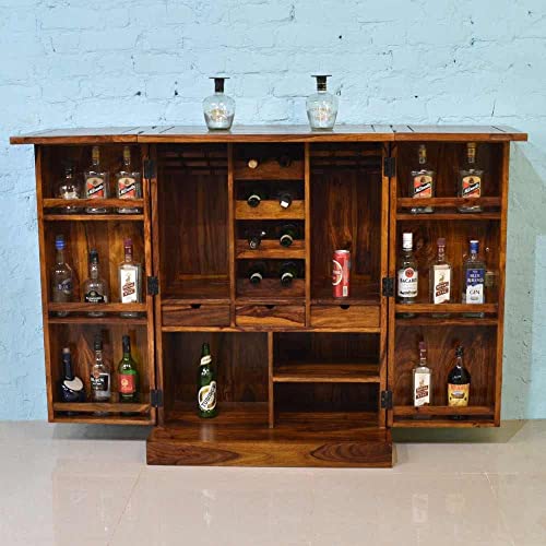 Image of Solid Sheesham Wood Bar Unit Cabinet with Storage Bottle Shelves & Built-in Glass Holder Wooden Drink Wine Rack Organizer for Living Room, Home & Lounge Dining Cupboard Liquor Furniture