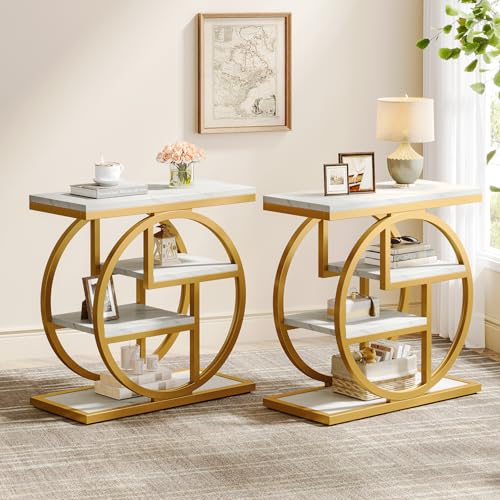 Image of Tribesigns End Table Set of 2, Narrow Faux Marble Side Table with Storage Shelves, 4-Tier Modern Skinny Sofa Side Table with Geometric Metal Frame for Bedroom, Living Room, White & Gold