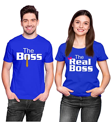 Image of Hangout Hub Hangout-Hub024$P Couple Tshirts for Couples | Printed The Boss The Real Boss T-Shirts | Men's and Women's Round Neck T-Shirt (Pack of 2, Cotton, Half Sleeves)