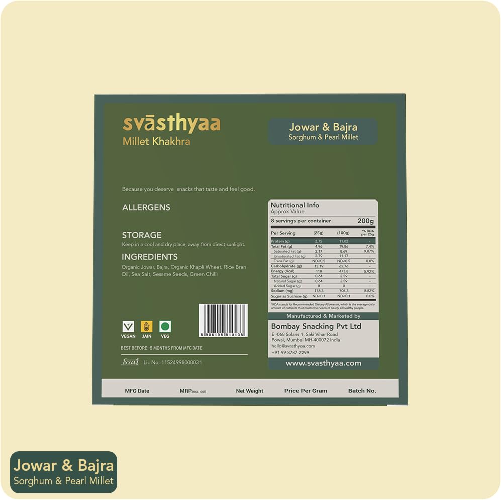 Image of Svasthyaa Jowar & Bajra Millet Khakhra | Roasted Gujarati Khakra Snack | No Palm Oil, No Maida | Healthy Light Diet Snack for Weight Loss | 200g | Pack of 2