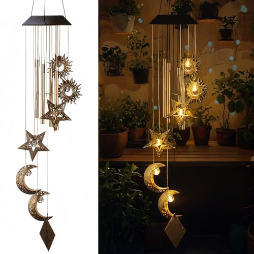 Colingmill Campanas de viento solares para exteriores, sol, luna, estrella, luces solares colgantes, campanillas de viento impermeables, campanillas de viento LED, decoración al aire libre, patio,