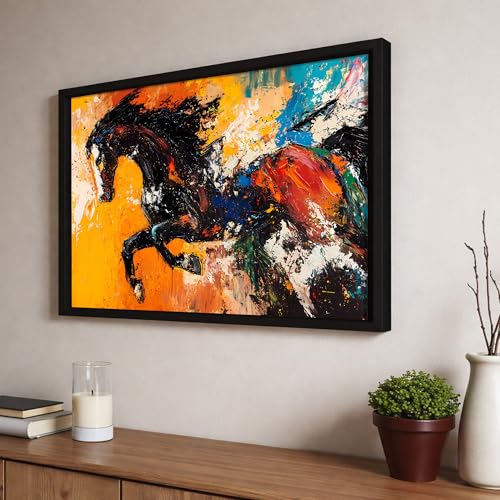 Image of Running Horse Vastu Framed Wall Art Painting For Living Room| Abstract Horse Painting With Frame Symbol of Strength & Confidence Wall Art for Home & Office, 17x23 Inch