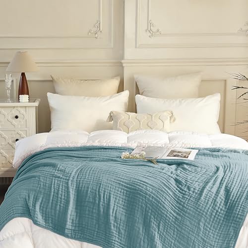 Image of SANACYNA Muslin Blankets 100% Cotton 6-Layer Gauze Queen Size Teal Light Blanket Soft Cozy Breathable Bed Blanket for Sofa Couch Bed Coverlet Both Sides (Teal, Queen 90 inch X 90 inch)