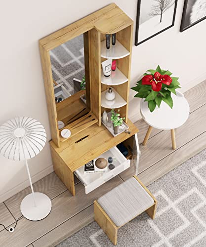 Image of Bniture Wooden Dressing Table for Bedroom with 1 Drawer, Mirror and Huge Storage Space with Stool | Long Dresser Vanity Table with Mirror(40D x 68W x 175H CM) (Giant Wood & Frosty White)