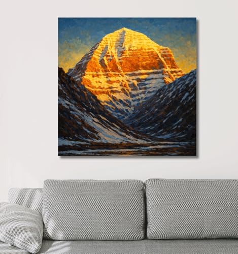 Image of Kunj Cart Mount Kailash Painting | 10+ DESIGNS | Kailash Parvat Canvas Painting for Living Room, Temple Home & Office Wall Decoration (Golden Kailash Mountain, 12x12 Inch, Framed)