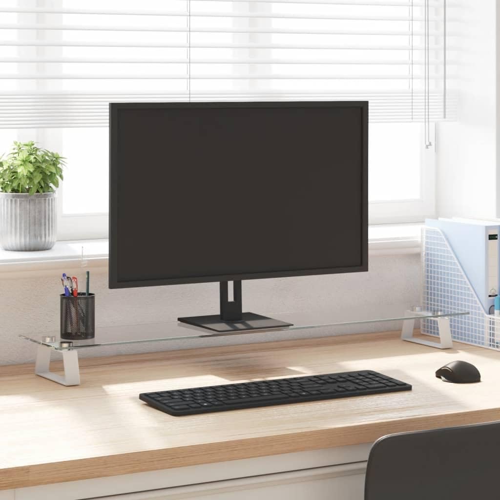 Supporto per monitor da scrivania, bianco, 100 x 20 x 8 cm, in vetro temperato e metallo, per ufficio e lavoro domestico