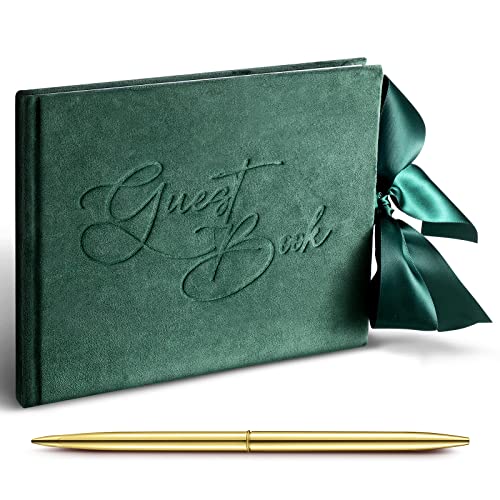 Image of Panelee Wedding Guest Book with Pen Green Velvet Reception 144 Page Sign in Book Wedding Memory Papers Elegant Guestbook for Bridal Shower Party Guest Visitor