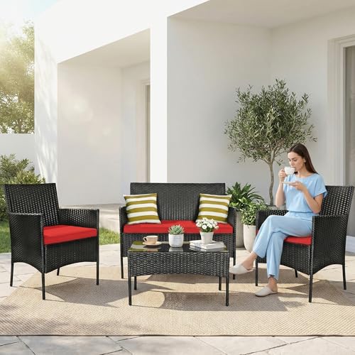 Image of OUTLIVING Outdoor 4 Seater Sofa Set || Patio Furniture Sets || Balcony Sofa || Indoor Sofa || Wicker Rattan Garden Sofa Set with Cushion and Center Table (Black /Red)