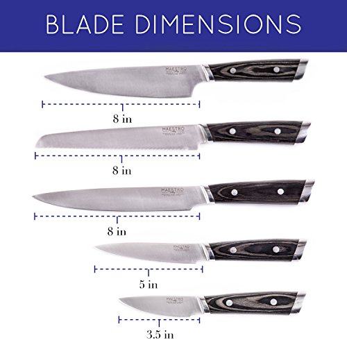 Maestro Cutlery Volken Series German High Carbon Stainless Steel 8” Inch Bread Knife, 8” Inch Chef’s Knife, 3.5” Inch Paring Knife, 8” Inch Slicing Knife, and 5” Inch Utility Knife with Black Wood Han