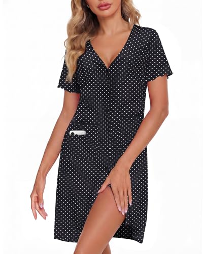 Image of ZOOSIXX Nightgowns for Women - Short Sleeve Sleepwear Button Up Pajamas for Women V-Neck Sleepwear Dress with Pockets