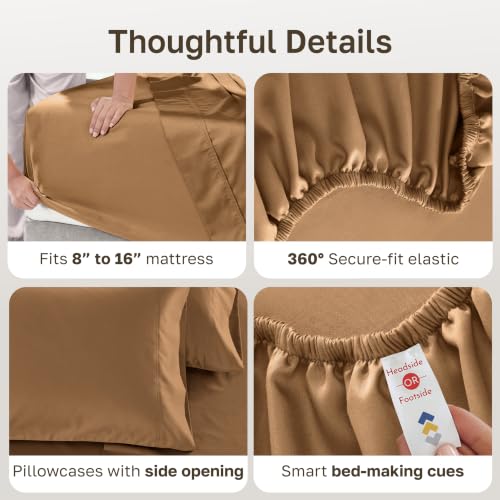 Image of California Design Den California King Sheet Sets 100% Cotton - Luxury 600 Thread Count Sateen, Cotton Cal King Sheet Set, Deep Pockets, Soft and Durable Bedding - Honey Caramel
