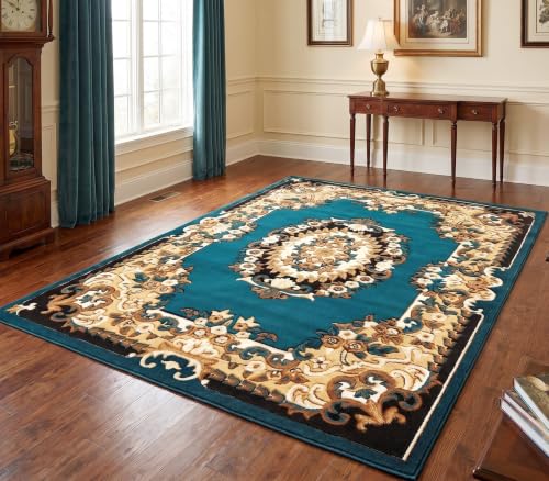 Image of SABIRA Carpet (150x200 Cm / 60x78 in) Modern Floral Area Rug Large Carpet for Living Room, Bedroom & Dining Room, Washable, Non-Slip, Blue Color