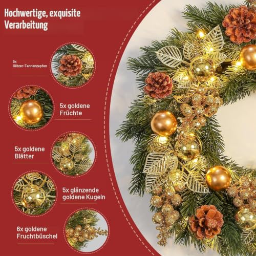 GlobaLink Weihnachtskranz 40cm, 40 LED Türkranz batteriebetrieben mit Timer – Ansicht 4