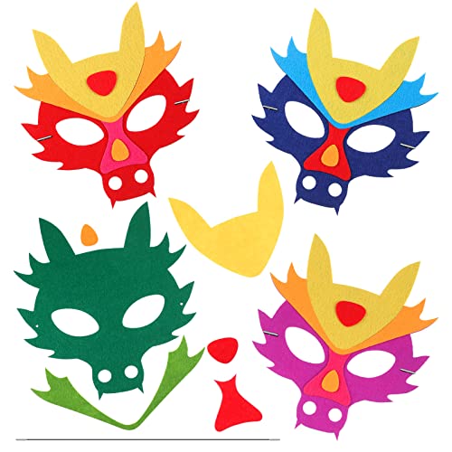 4 Sets de Masques en Feutre de Dragon du Nouvel An Chinois Masques de Dragon pour Enfants avec Corde Élastique Kit d'Artisanat pour Garçons Filles Fête d'Anniversaire Festival du Printemps Cover