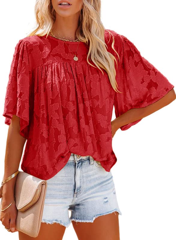 DokotooWomens 3/4 Bell Sleeve Blouse Summer Crewneck Lace Tops Floral Textured Babydoll Shirts