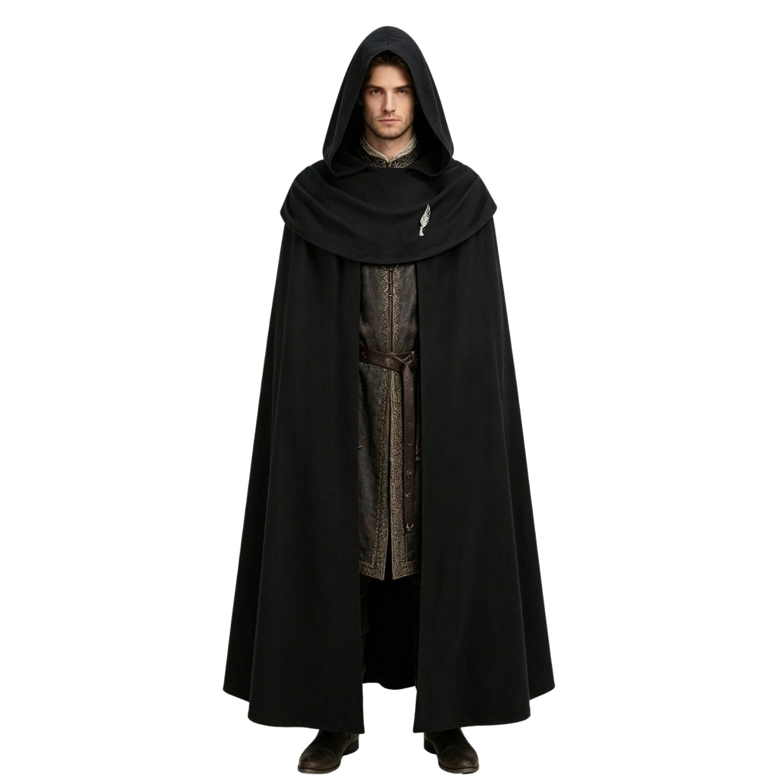 HAPNBCELE Adults Medieval Cloak Hooded, Renaissance Cape with Decorative Brooch for Halloween LARP Renaissance Fair Cosplay (Black, 130cm/51.18“)