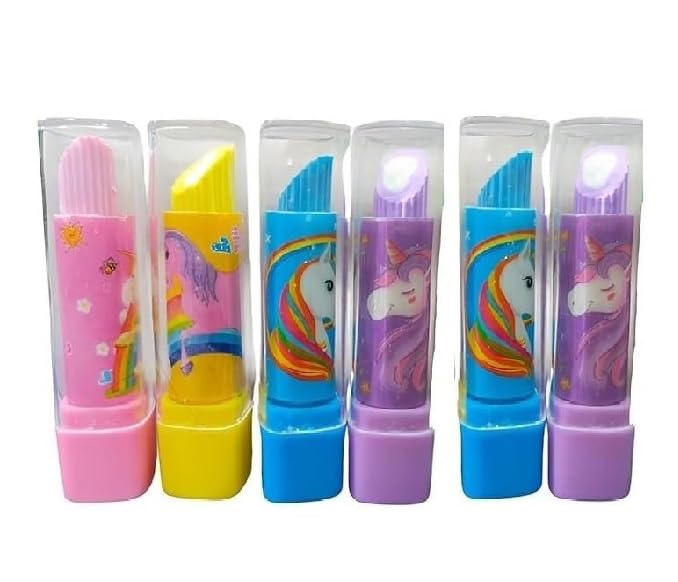 Image of Eclet Lipstick-Shaped Erasers - Pack of 6 Cute & Fun Stationery Erasers for Kids | Colorful Novelty School Erasers for Boys & Girls Any Random Colour and Design Will Send