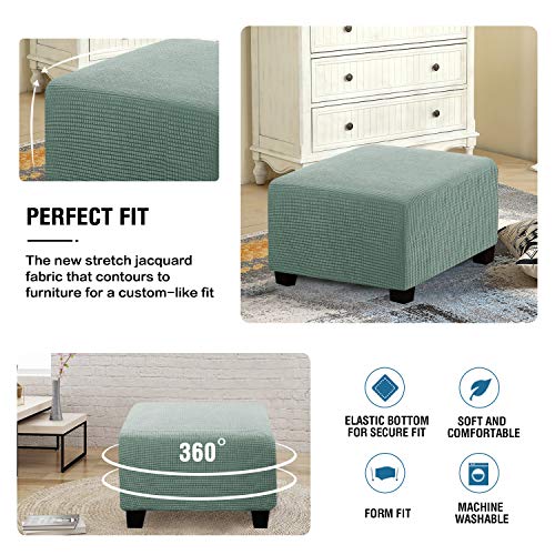 Image of H.VERSAILTEX Square Ottoman Covers Ottoman Slipcovers Folding Storage Stool Furniture Protector Form Fit with Elastic Bottom, Stretch High Spandex Small Checks Jacquard Fabric(Large,Sage)