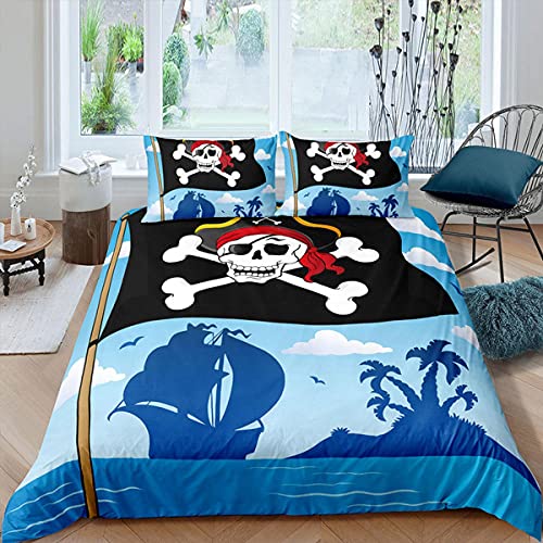 ZHOUJIELUN Housse de Couette 140X200cm Bateau Pirate Bleu Parure de Lit 2 Personnes Respirant Microfibre Housse de Couette avec Fermeture Éclair + 2 Taie d'oreiller 65x65cm