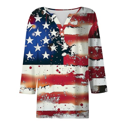 4th of July Shirts for Women Henley V Neck Button 3/4 Sleeve Tops Independence Day American Flag Printed T Shirts4