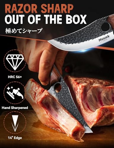 Image of Huusk Viking Knife, Japanese Butcher Knife for Meat Cutting, Hand Forged Boning Knives with Ergonomic Wood Handle, High Carbon Steel Japanese Chef Knifes for Camping, BBQ, Fathers' Day Gift for Dad