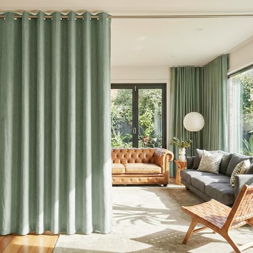 Image of NICETOWN 100% Blackout Linen Sliding Door Curtains with White Liner Composite, Grommet Extra Wide Window Treatments Room Divider Drapes for Bedroom /Living Room, Sage Green, W100 x L84, 1 Panel