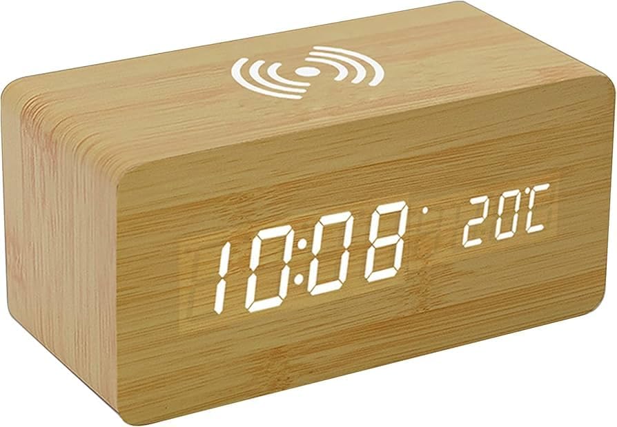 Image of Wooden LED Digital Alarm Clock with Wireless Charging, Smart and Modern Bedside Desk,Table Clock for Bedroom, Office, and Home Decor