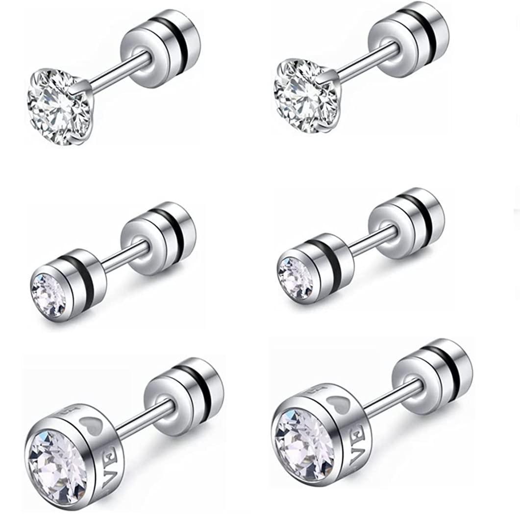 3 Pairs Hypoallergenic Titanium Screw Back Earrings Cubic Zirconia Studs for Women Men,20G 20G Helix Piercing Post Surgical Stainless Steel Cartilage Earrings for Sensitive Ears