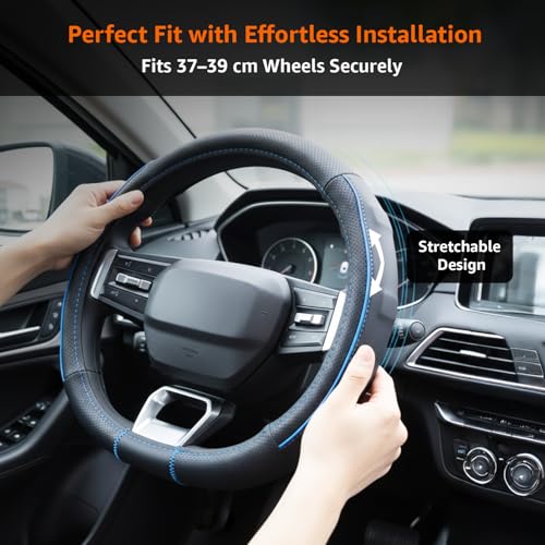 Image of Amazon Basics Leather Steering Wheel Cover (Medium - 38 cm) | Breathable, Non-Slip Polyvinyl Grip with Sporty Black Stitching & Easy Installation (Black and Blue)