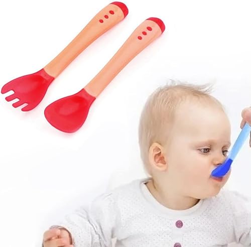 Jogo De Talher Infantil Colher Garfo Para Bebe Térmica Silicone Sensível (Vermelho)