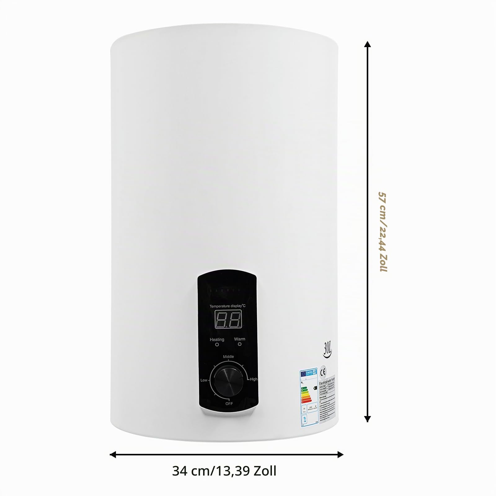 Elektro Warmwasserspeicher - 30 Liter, 2 kW Elektrospeicher, Wandhängend, Emaillierter Innenbehälter, Intelligent - Boiler, Warmwasserboiler, 25-75°C