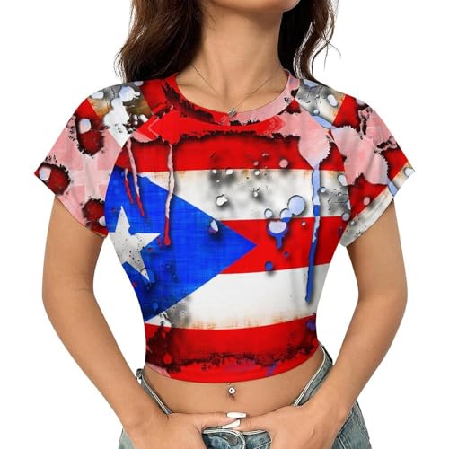 American-Flag Summer Crop Tops for Women Basic Tight Short Sleeve for Teen Girls