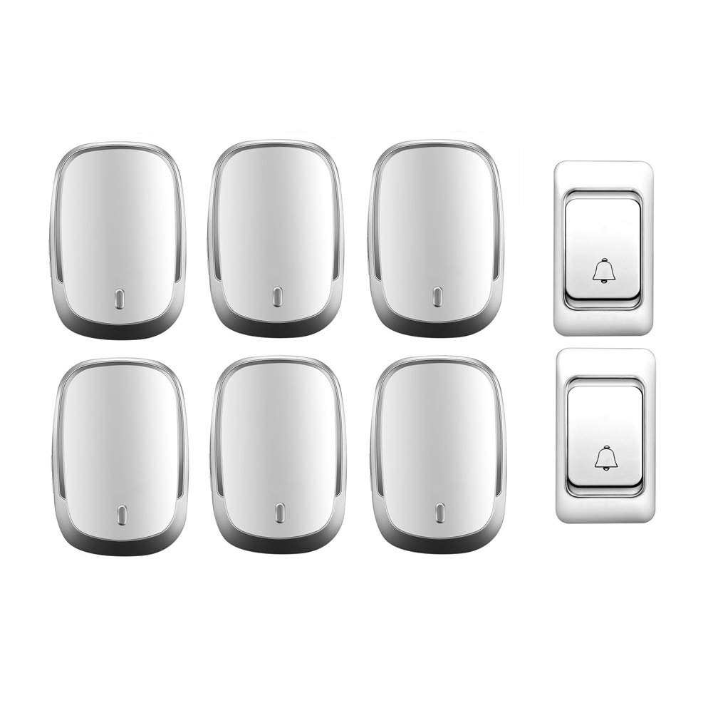 Campanello Wireless Impermeabile IP44, Kit Campanello per Porta a Distanza Ultra Lunga per la casa, 2 Pulsanti + 6 ricevitori, 36 suonerie, 4 Livelli di Volume, Oro,Bianco
