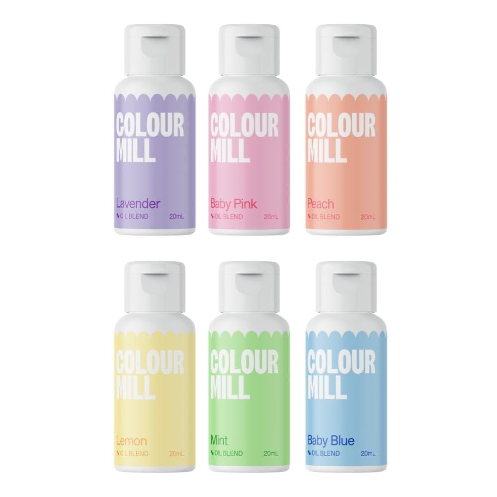 The Baked Studio Colour Mill Oil Based Food Colouring Sets - Lavender, Baby Pink, Peach, Lemon, Mint, Baby Blue - Buttercream Fondant Sugarpaste Icing and Chocolate Colour (Pastel Colours), 120ml