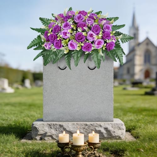ICX Cemetery Flowers for Grave Saddle, Artificial Rose Memorial Flowers, Headstone Flower Saddle, Cemetery Memorial Flowers for Outdoor Tombstone Decorations for Remberance (Purple image 8