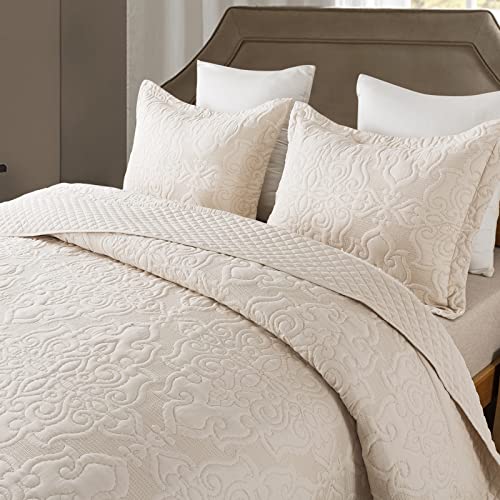 NEWLAKE Quilt Bedspread Set, Beige Jacquard Embossed Floral Pattern Reversible Embroidered Microfiber Coverlet Sets, Queen Size