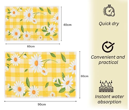 Image of Digital Printed Bathmat Set of 2 | Anti-Skid Mess Backing | Large & Small Combo | Water Absorbent, Quick Dry, Soft Floor Mat for Bathroom & Home Color - Floral Printed Yellow and White
