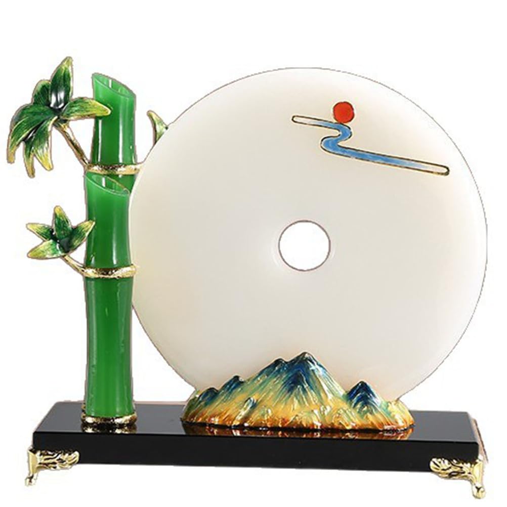 Naturalny dysk Jade Pi z bambusem Cloisonné - chińska dekoracja Feng Shui zapewniająca wzrost i harmonię, ręcznie wykonana emalia z kamieni szlachetnych z kryształową podstawą