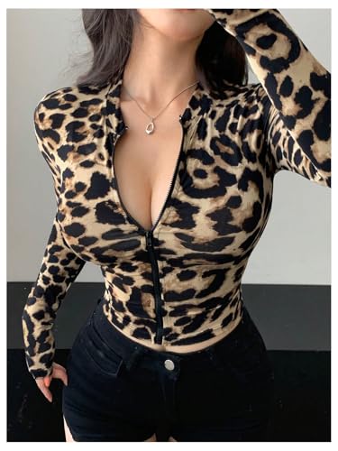 GORGLITTER Women's Leopard Print Workout Cropped Jacket Y2k Zip Up Cheetah Animal Lightweight Fitted Athletic Jackets3