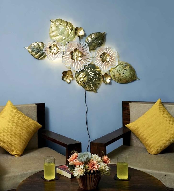 Image of Bharat Art Metal White Flower Wall Art with LED Light for Living Room | Handcrafted Iron Flower Wall Hanging Home Decoration for Bedroom, Hall, Office & Entrance | 47X2X24 | Tornado WD071 (B)