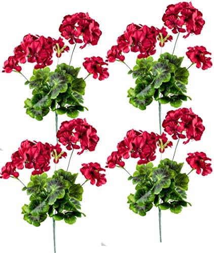 Mumiko 4PCS Artificial Geraniums Silk Flowers Plants Outdoor Office Garden Home Decor 16 Inches (Red)