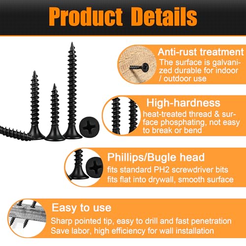 Image of Dianrui 1020 PCS High Hardness Wood Screws Assortment Kit, #6#8 Drywall Screws, Assorted Black Wood Screws, Phillips Flat Head Screw Set-13 Sizes (5 /8 inch,3 /4 inch,1 inch,1-1 /4 inch,1-1 /2 inch,2 inch,2-3 /4 inch)