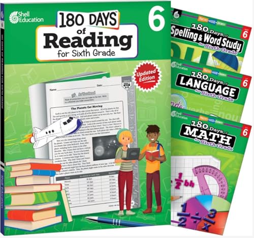 180 Days™: Reading 2nd Edition, Spelling, Language, & Math 4-Book Set for 6th Grade Practice Workbook for Classroom and Home, Cool and Fun Practice Created by Teachers (180 Days of Practice)
