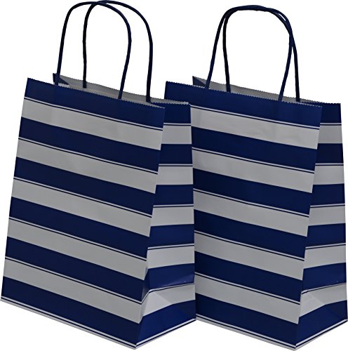Medium Kraft Gift Bag, Color Stripe Design with Matching Handles, 2 Packs Bulk Set of 24 Bags (Blue & White, Medium 8