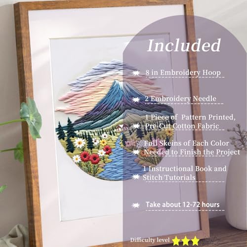 Image of FONNUY Embroidery Kit for Beginners, Flower Hill Nature Landscape Pre-Stamped Pattern Kits for Adults with Hoop, Easy to Follow Color Thread Needlework, 8'' Hoop (Purple Blue)