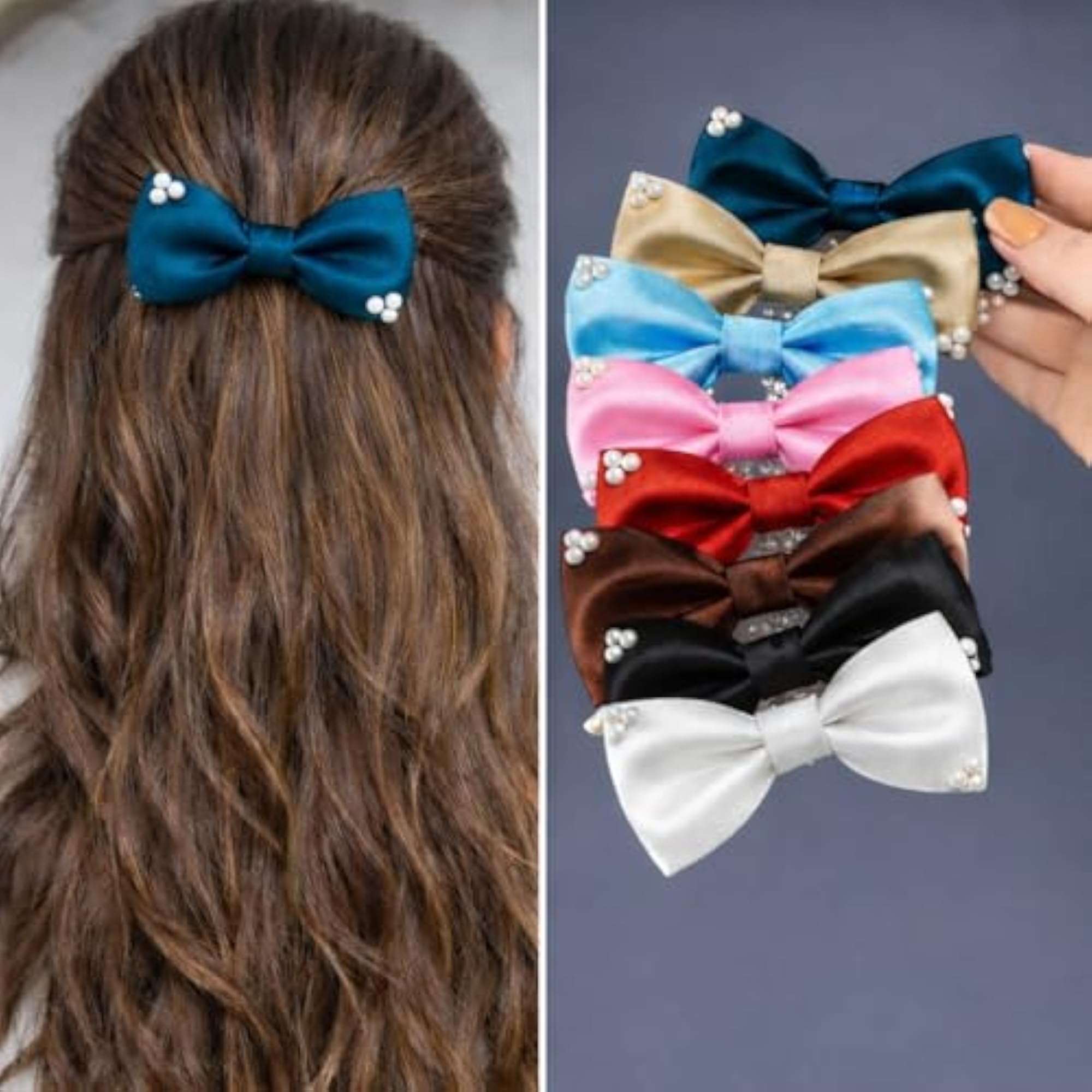 Satin Pearl Bow Hair Clips for Girls, Elegant Multicolor Set