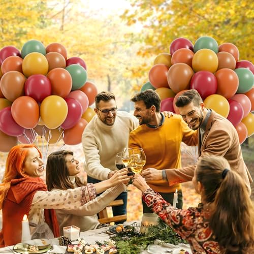 Image of 60pcs Fall Balloons, Thanksgiving Balloons 12inch with Burgundy Brown Sage Green Burnt Orange Mustard Yellow Dusty Pink Balloon for Fall Birthday Party Decorations