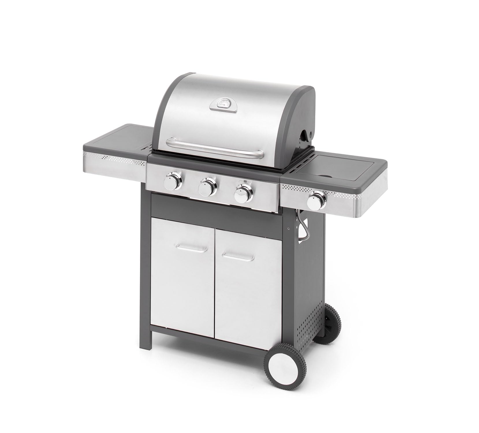 Barbecue à gaz professionnel de jardin en acier inoxydable avec cuisinière latérale, thermomètre, grille en fonte émaillée, chariot avec armoire (3 brûleurs (P 58 x L 126 cm x H115,5 cm))
