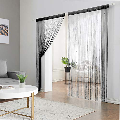 Taiyuhomes Knitting Beaded String Curtains with Pearl Beads Dense Fringe Beaded Door Tassel Curtains (39x79,Black)
